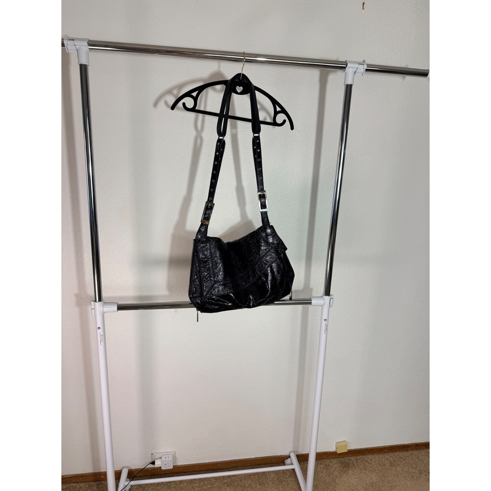 Kooba Black Crinkled Patent Leather Shoulder Bag Silver Hardware Flap Crossbody